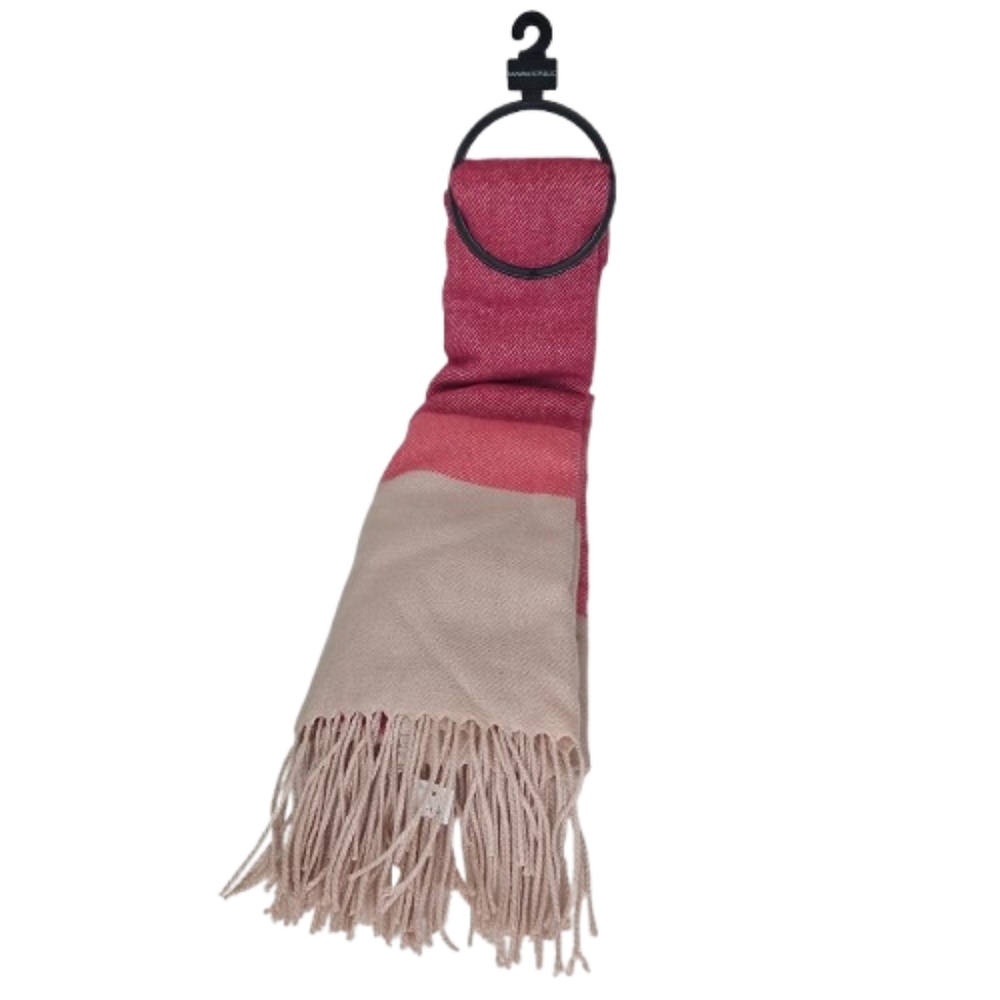 Banana Republic Tan & Magenta check acrylic reversible FRINGED scarf, One Size.